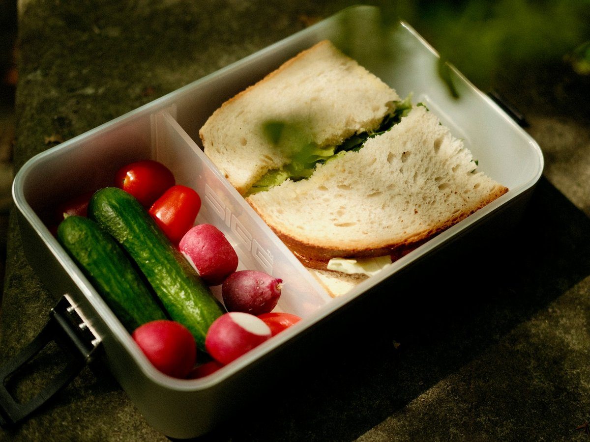 Boîte à repas contenant un sandwich, des rondelles de concombre, des tomates et des radis